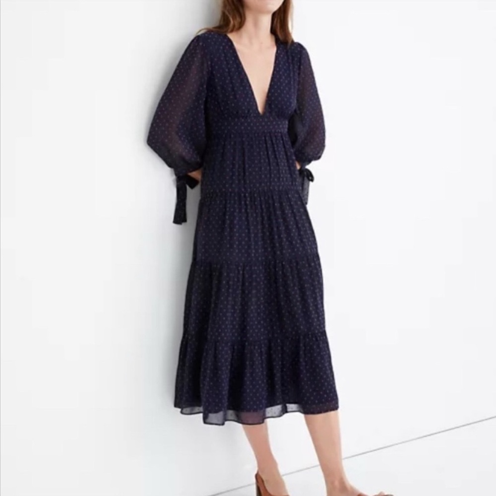 Madewell Blue Tiered Midi Dress with Plunge Neckline